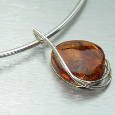 Freeform amber silver wire wrap pendant