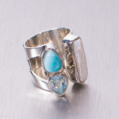 Blue Topaz and Larimar with Biwa Pearl Ring - Gemstonz Silver