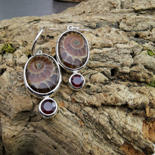 Load image into Gallery viewer, Ammonite fossil and garnet dangly earrings in sterling silver