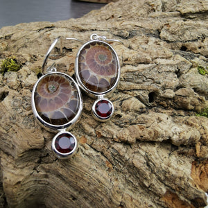Ammonite fossil and garnet dangly earrings in sterling silver