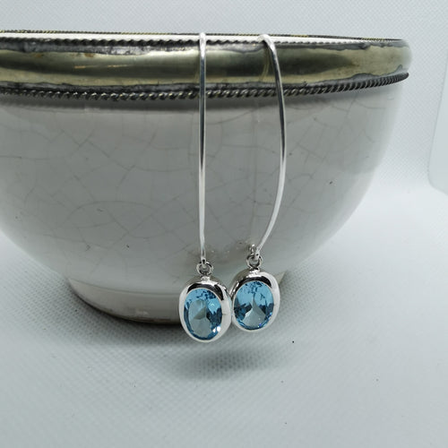 Elegant Long Blue Topaz Earrings, 925 Sterling Silver