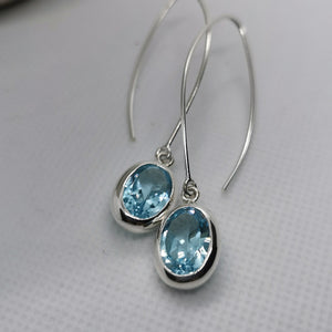 Elegant Long Blue Topaz Earrings, 925 Sterling Silver