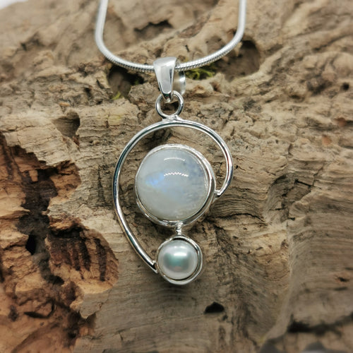 Moonstone And Pearl Pendant With Silver Snake Chain