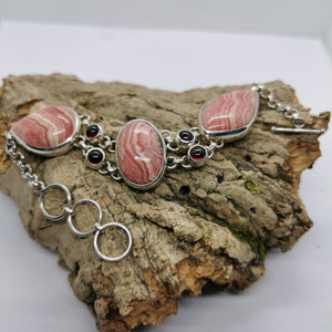 Stunning Pink Rhodochrosite and Garnet Multistone Bracelet, Adjustable, 925 Sterling Silver.