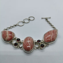 Load image into Gallery viewer, Stunning Pink Rhodochrosite and Garnet Multistone Bracelet, Adjustable, 925 Sterling Silver.