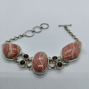 Stunning Pink Rhodochrosite and Garnet Multistone Bracelet, Adjustable, 925 Sterling Silver.