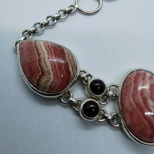 Load image into Gallery viewer, Stunning Pink Rhodochrosite and Garnet Multistone Bracelet, Adjustable, 925 Sterling Silver.