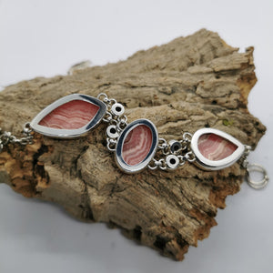 Stunning Pink Rhodochrosite and Garnet Multistone Bracelet, Adjustable, 925 Sterling Silver.
