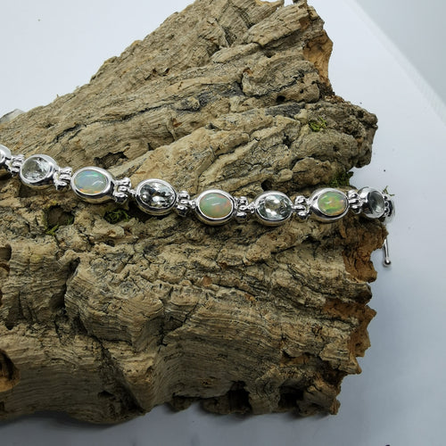 Natural Ethiopian Opal And Green Amethyst (Prasiolite) Bracelet, 925 Sterling Silver.