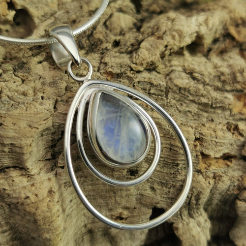 Rainbow Moonstone Teardrop Necklace. 92.5% Sterling Silver