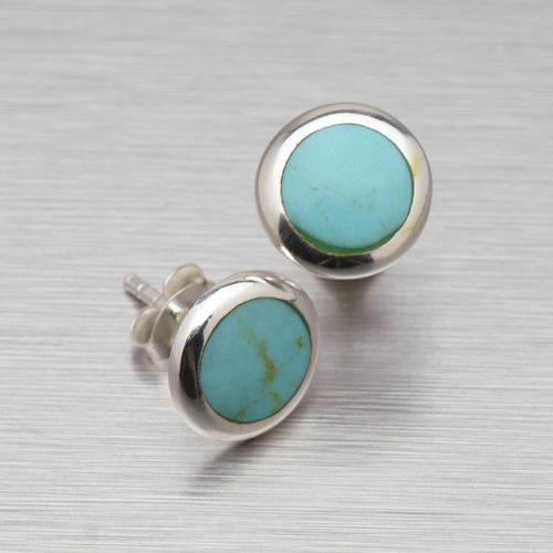 Turquoise Shell Round Silver Stud Earrings.