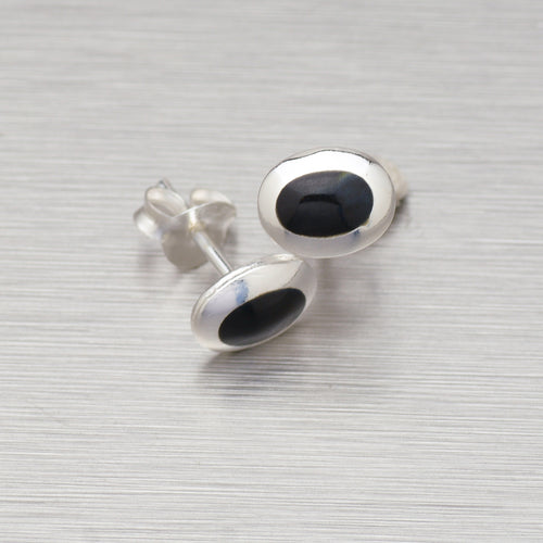 Tiny oval black shell inlay silver stud earrings