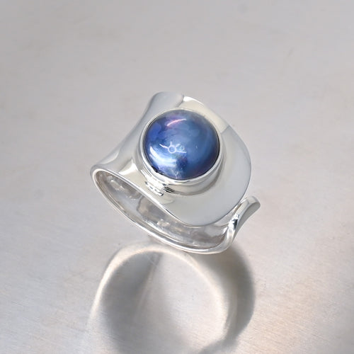Blue Mabe Pearl Adjustable Ring, 925 Sterling Silver.