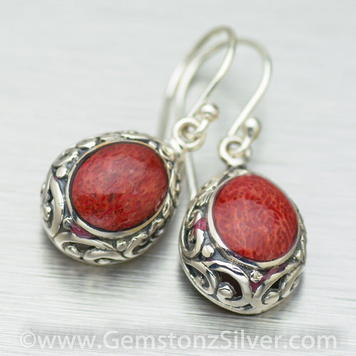 Bright coral filigree sterling silver earrings