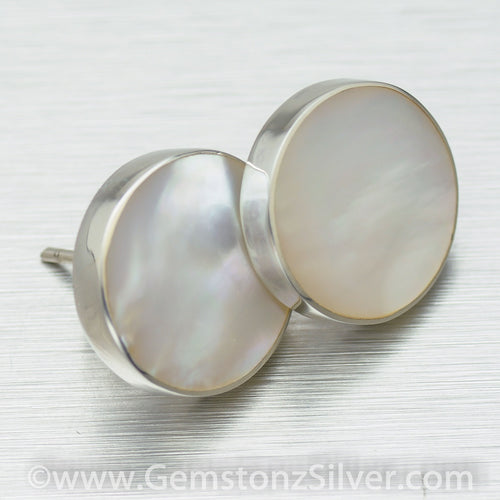 Mother-of-Pearl Shell inlay round studs - Available in 2 different inlays - Gemstonz Silver