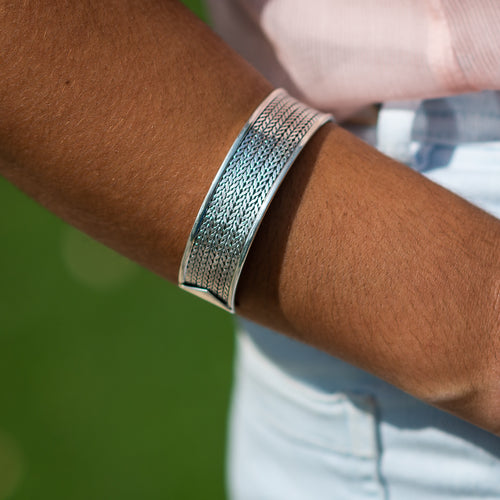 Wide herringbone pattern sterling silver unisex bangle