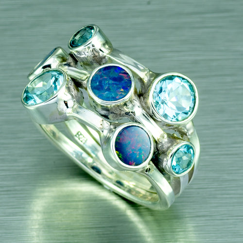 Blue topaz and opal multigem silver ring.
