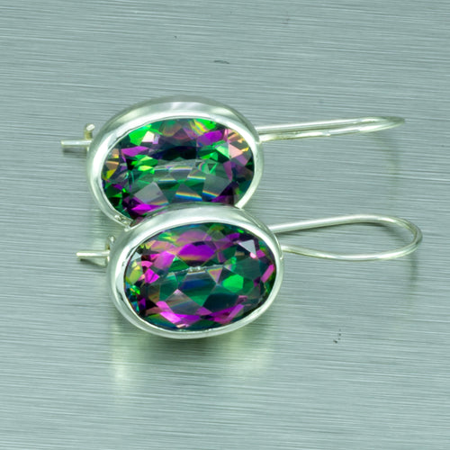 Large oval mystic topaz silver earrings