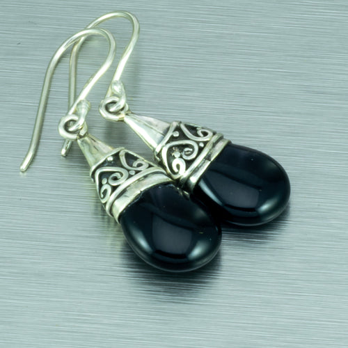 Onyx (ethnic) pebble sterling silver earrings