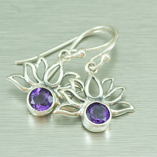 Lotus flower Amethyst stone earrings - Gemstonz Silver