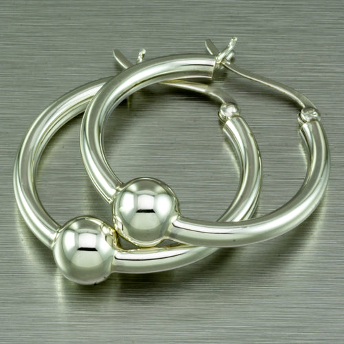Integrated ball round hoop sterling silver earrings.