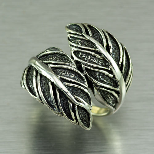 Oxidized sterling silver double leaf ring