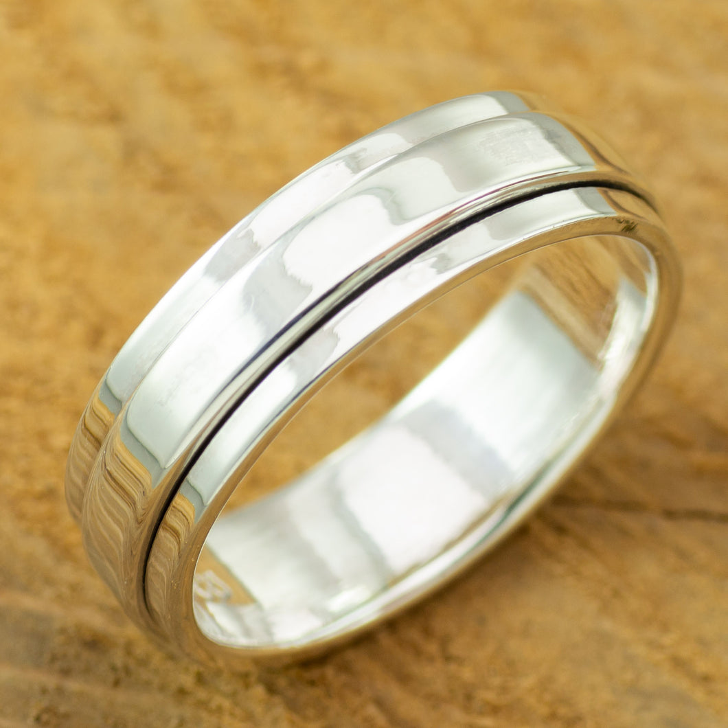 Polished sterling silver, plain mens spinner ring