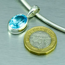 Load image into Gallery viewer, Blue topaz large oval sterling silver pendant.
