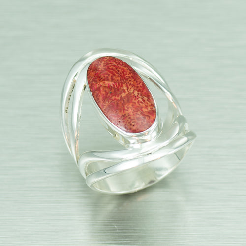Large Red Coral Ring, 925 Sterling Silver