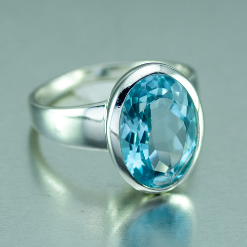 Large Oval Blue Topaz Ring, 925 Sterling Silver